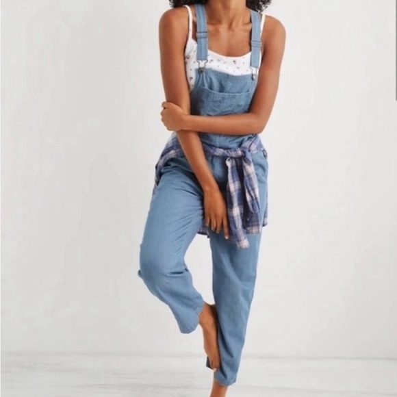 aerie Pants - Aerie lightweight cotton blue/white conductor stripe wide leg overalls Plus XXL